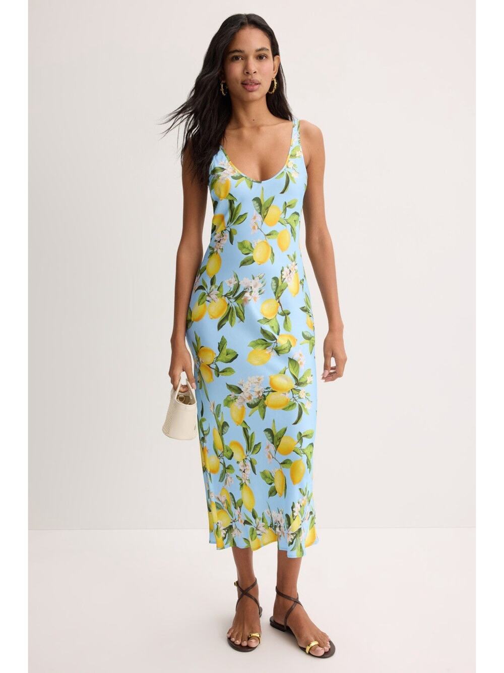 L'AGENCE Akiya Tank Dress Blue Lemon Print Midi Slip Dress XS with fabric pull